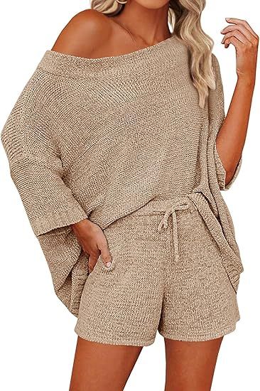 Mafulus Women's 2 Piece Outfits Sweater Sets Off Shoulder Knit Top Shorts Matching Suits Cute Paj... | Amazon (US)