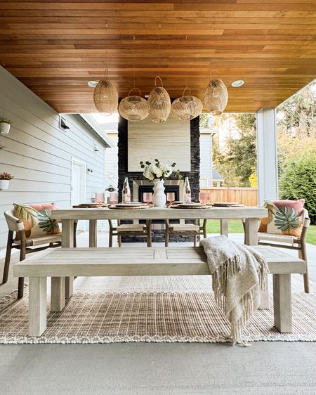 Outdoor dining table and dinnerware, outdoor chairs and rug, acrylic ribbed cups, lanterns, hanging planters 

#LTKSeasonal #LTKhome #LTKparties