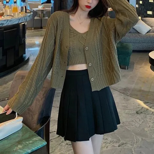 Rorah - Cable Knit Cardigan / Cropped Camisole Top | YesStyle Global