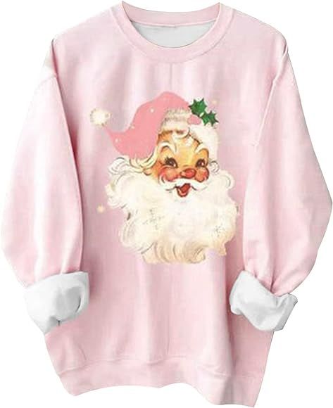 Womens Christmas Pink Pullover Tops Novelty Funny Santa Xmas Tree Graphic Sweatshirt Loose Casual... | Amazon (US)