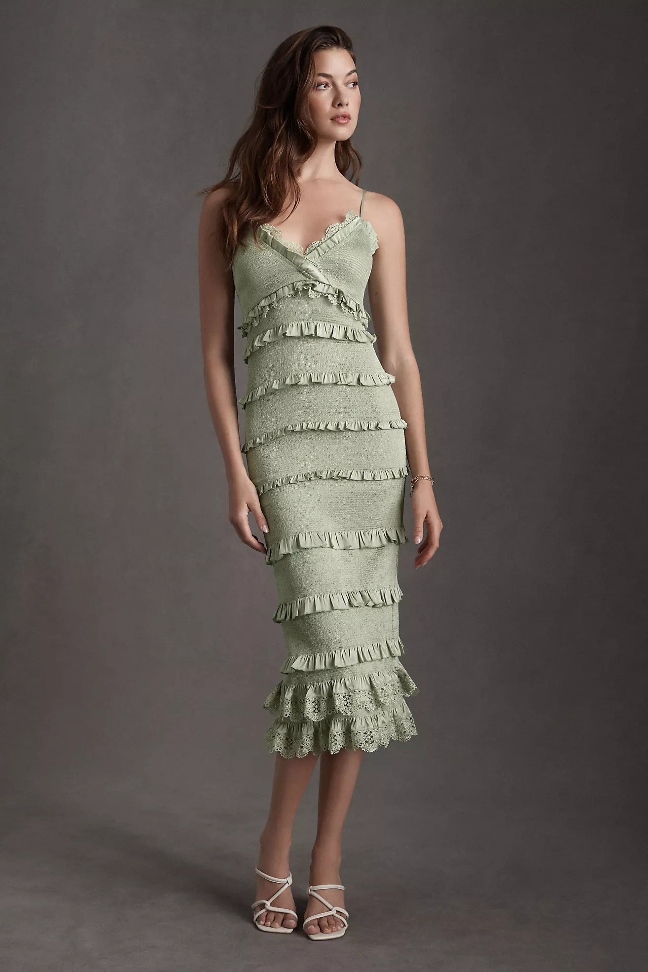 V. Chapman Narcisse Ruched Ruffle & Lace Stretch Midi Dress | Anthropologie (US)