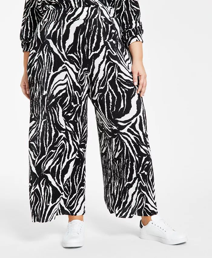 Plus Size Printed Plisse-Knit Pull-On Pants, Created for Macy's | Macy's