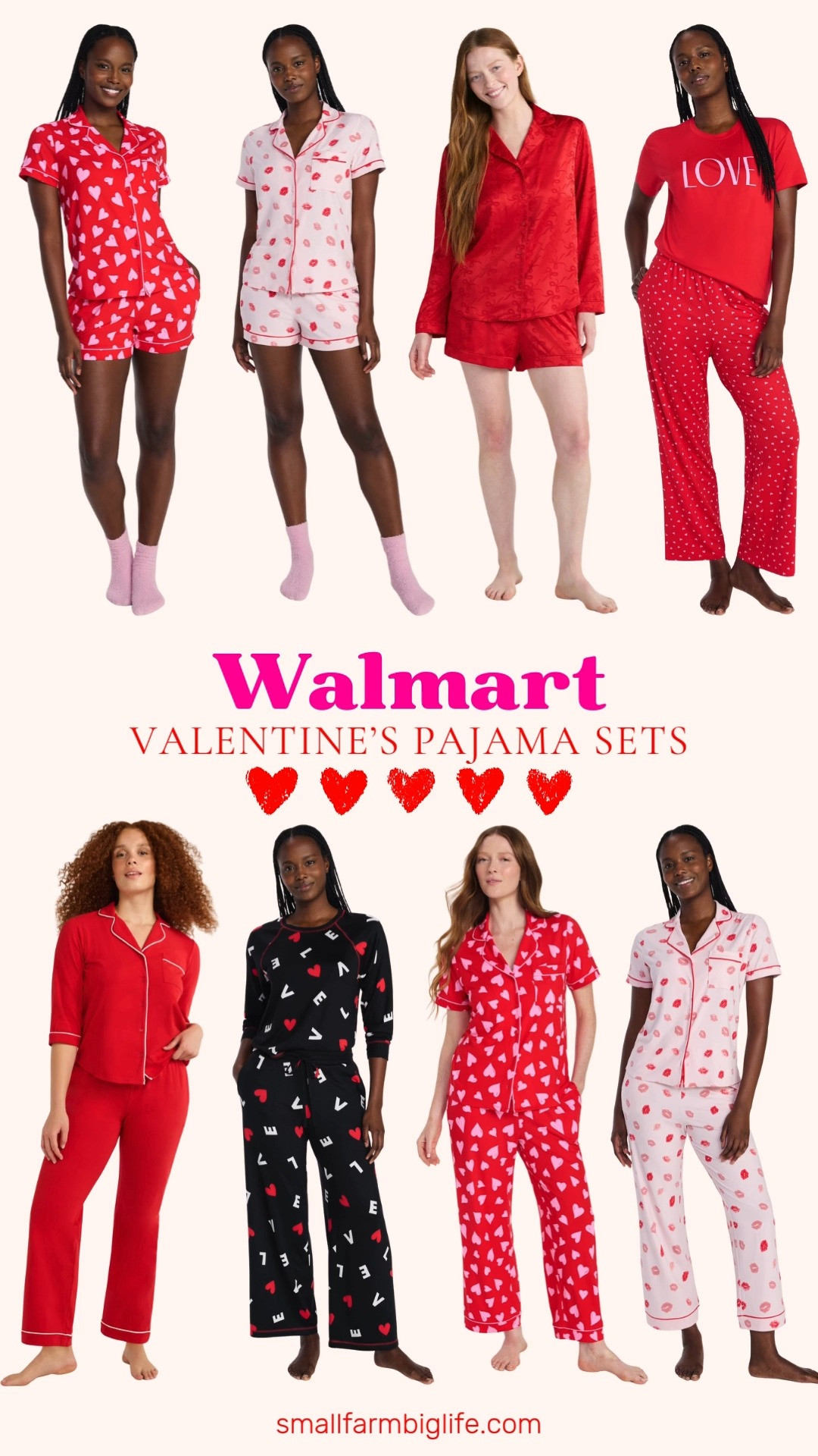 Women’s Valentine’s pajama sets from Walmart ❤️💗 Cozy and cute options in red and pink hearts, with mix and match styles. From shorts sets to long sleeve pants, they are perfect for comfy nights and Valentine’s lounging. 

 #LTKSeasonal #LTKOver40 #LTKFindsUnder50