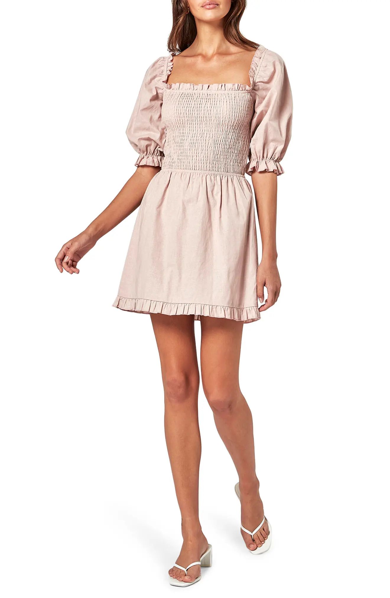 Women's Charlie Holiday Lola Puff Sleeve Smocked Minidress, Size Medium - Pink | Nordstrom