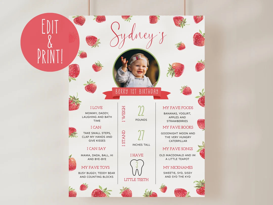 Berry First Birthday Milestone Sign Template, Strawberry 1st Birthday Sign, Editable Strawberry M... | Etsy (US)
