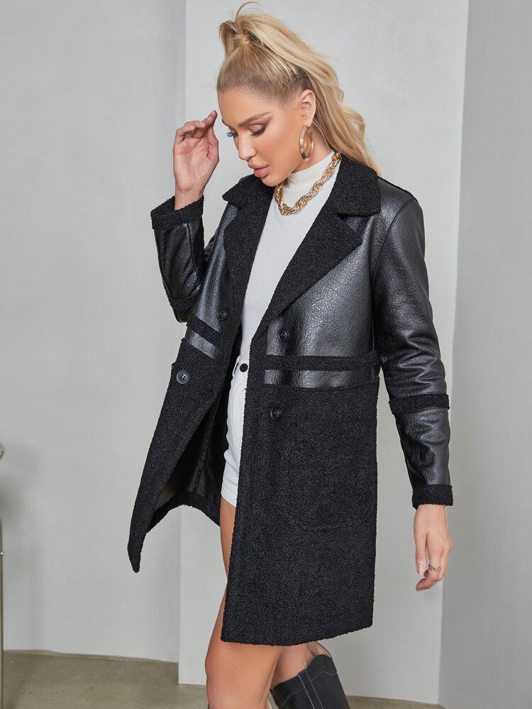 Apperloth A Vintage Notched Collar Buttoned Front PU Leather Coat | SHEIN