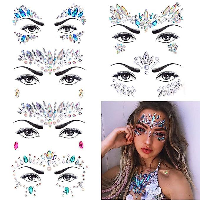 6 Sets Women Mermaid Face Gems Glitter,Rhinestone Rave Festival Face Jewels,Crystals Face Sticker... | Amazon (US)