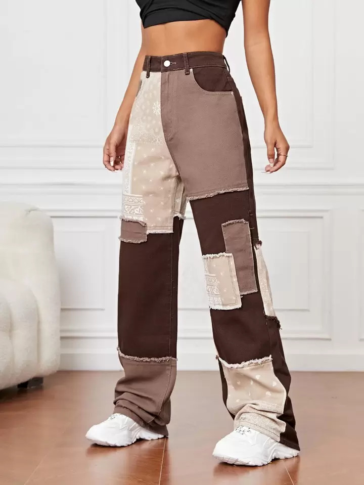 SHEIN EZwear Paisley Print Patchwork Print Boyfriend Jeans | SHEIN