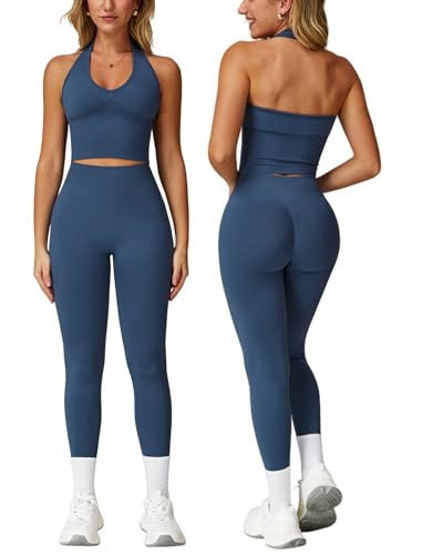 ABOCIW Workout Sets for Women 2 Piece Seamless V Neck Halter Tank Top with Bra Scrunch Butt Lifting High Waist Leggings Gym Sets Work Out Clothes Blue Small | Amazon (US)