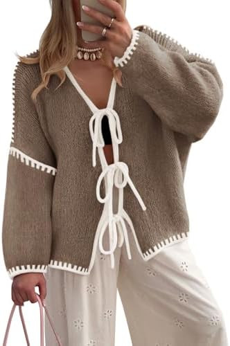 ZESICA Crdigans for Women Trendy 2025 Tie Front Bow Sweaters Casual Long Sleeve Winter Clothing C... | Amazon (US)