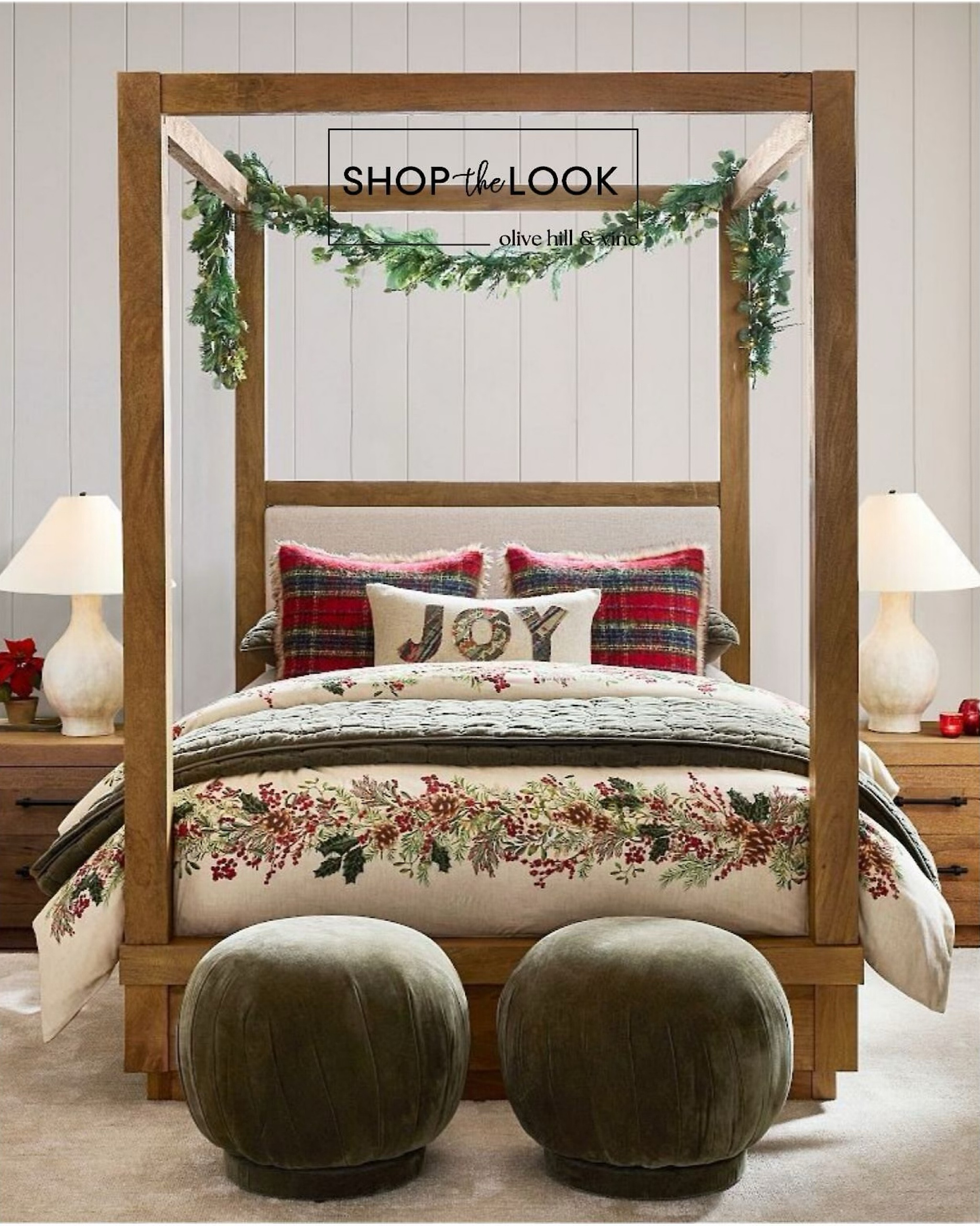 Transform your bedroom into a holiday retreat! A stunning wood canopy bed and chic nightstands bring rustic elegance, while plaid pillows, holly berry bedding, and lush greenery create festive magic. Cozy, inviting, and effortlessly stylish—perfect for the season!

#LTKSeasonal #LTKHome #LTKHoliday
