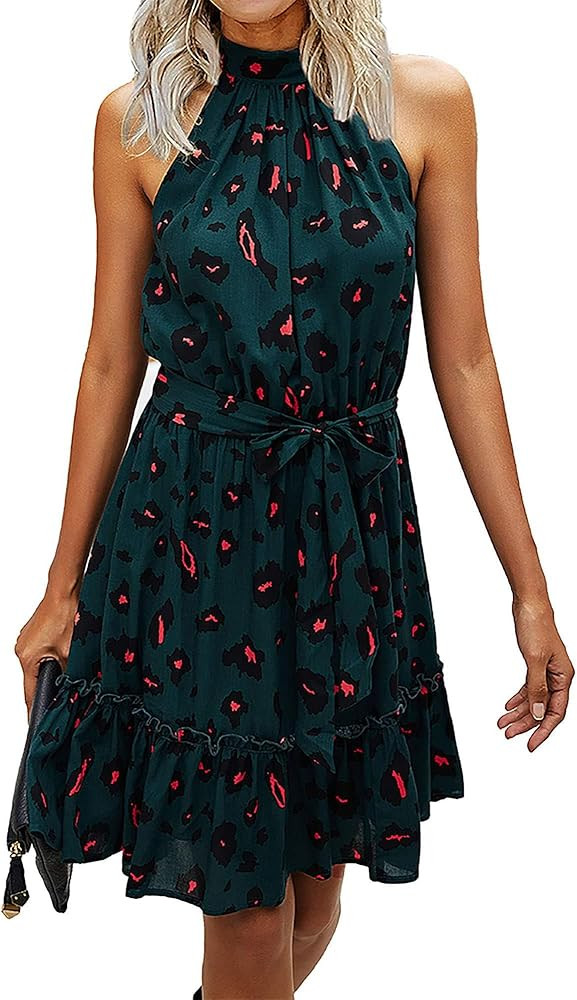 BTFBM Women 2024 Summer Halter Neck Dresses Sleeveless Casual Floral Polka Dot Print Short Boho R... | Amazon (US)