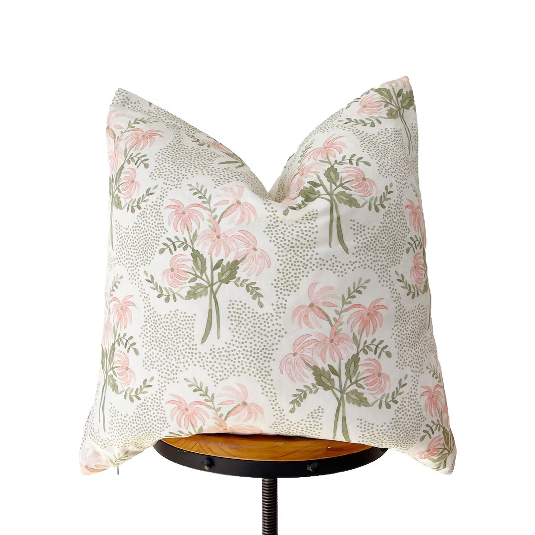 Designer fabric pillow, pink/ olive green/cream floral pillow cover | Etsy (CAD)