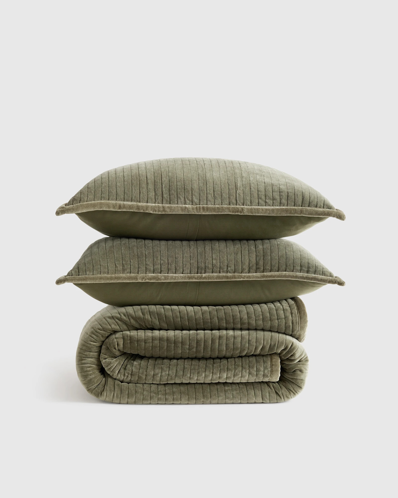 Quince | Cotton Velvet Channel Quilt Set in Forest Green, Size King