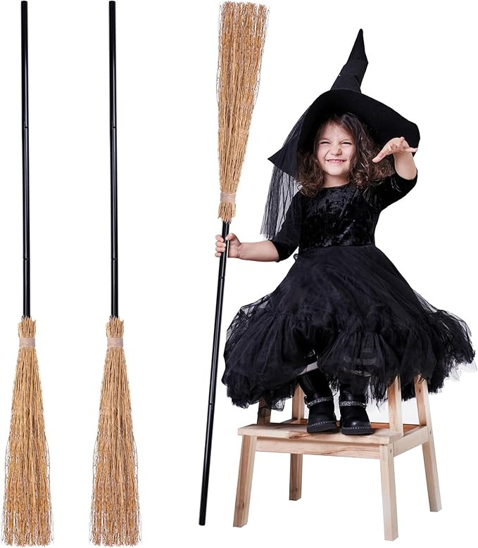 URATOT 3 Pieces Halloween Witch Broom Props Thatch Bamboo Witch Broomstick Retractable Straw Bamb... | Amazon (US)