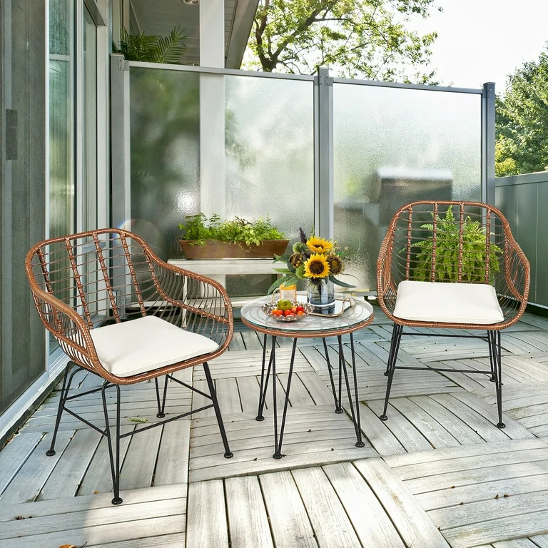 Costway 3PCS Patio Rattan Bistro Set Coffee Table Armchair Garden Beige Cushion | Walmart (US)
