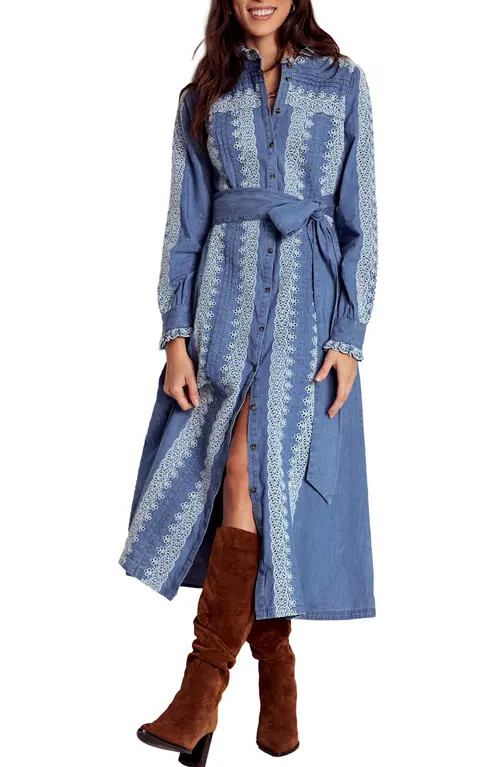 Boden Ruffle Embroidered Long Sleeve Chambray Shirtdress in Light Blue Chambray at Nordstrom, Size 6 | Nordstrom