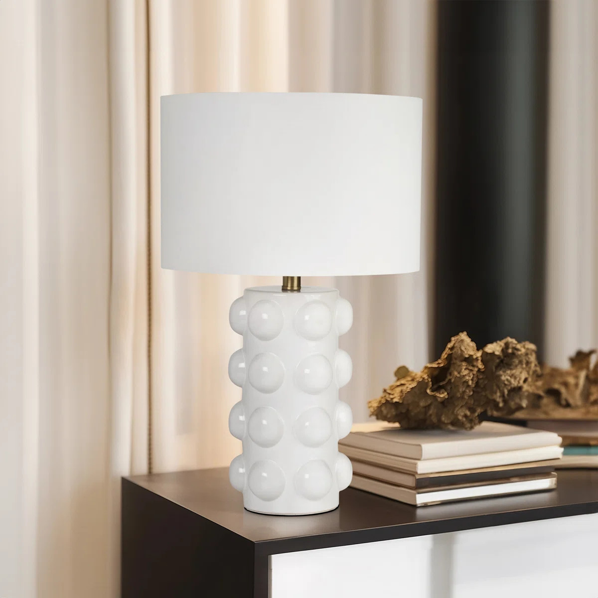 Langley Street® Neutral Textured Ceramic 22" Bubble Table Lamp, Cylinder - 14" x 14" x 22" & Rev... | Wayfair North America
