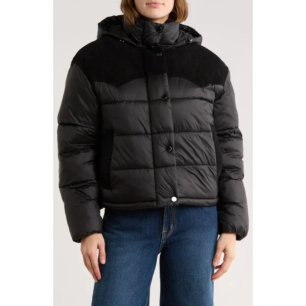Lucky Brand Corduroy Trim Hooded Crop Puffer Jacket in Black at Nordstrom Rack, Size Small | Nordstrom Rack
