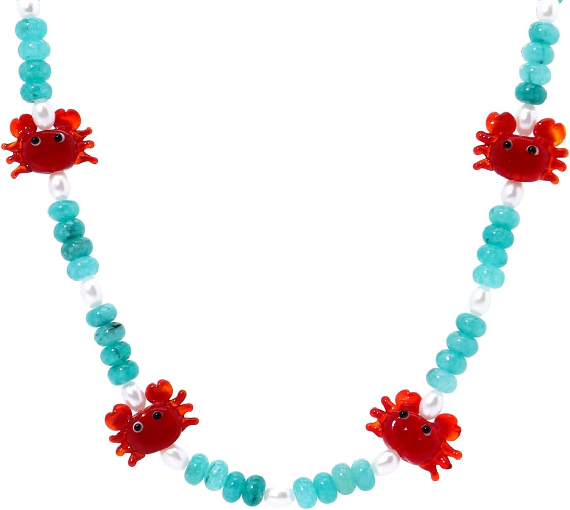 Crab Beaded Gemstone Necklace for Women, Colorful Boho Gemstone Beaded Choker Necklace Freshwater... | Amazon (US)
