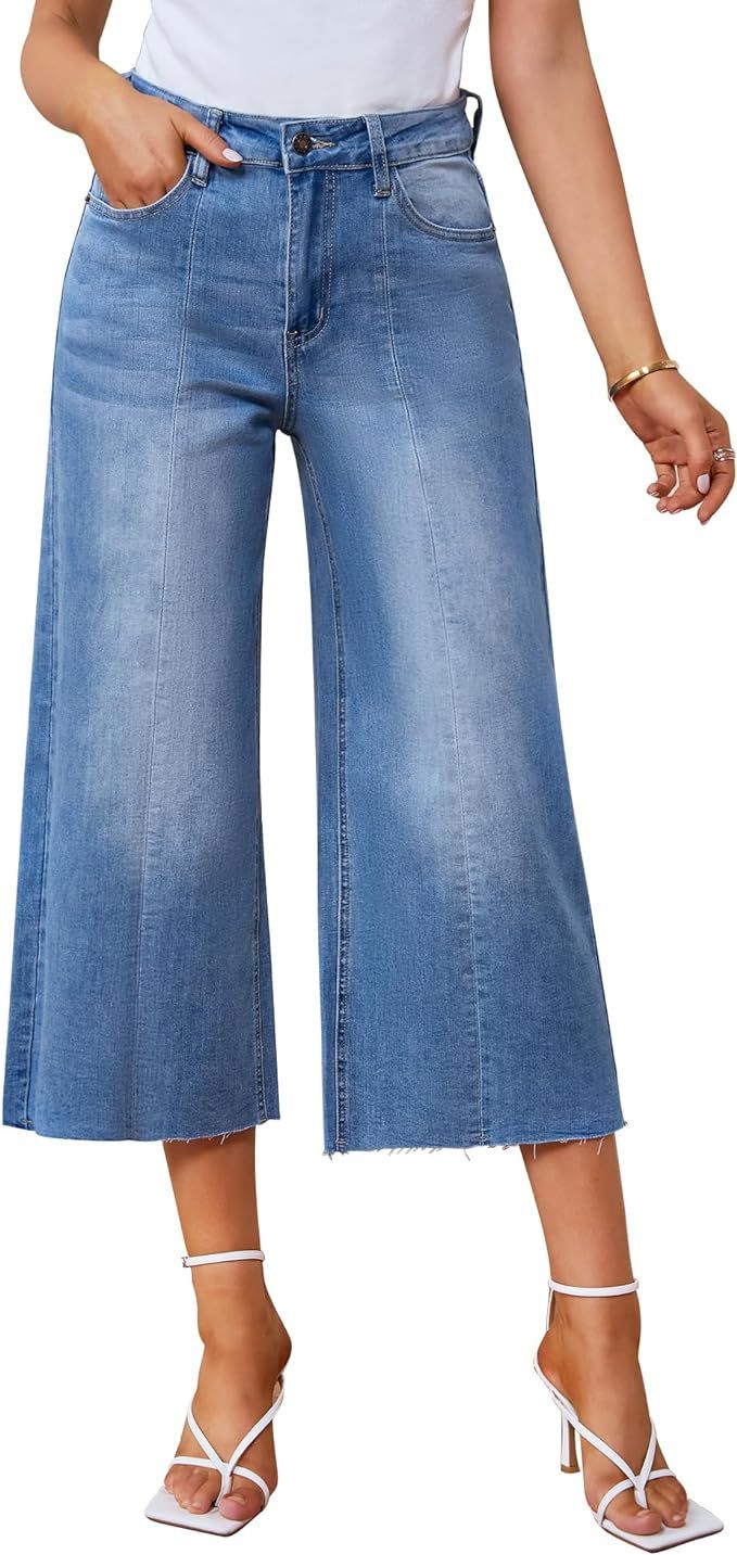 GRAPENT Jean Capris for Women Wide Leg Jeans High Waisted Seamed Front Raw Hem Denim Capri Pants ... | Amazon (US)