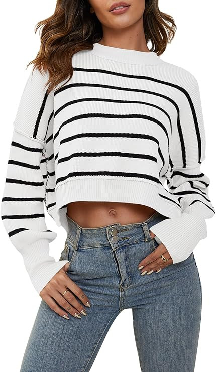 YKR Womens Cropped Striped Sweaters Crewneck Long Sleeve Side Slit Ribbed Knit Fall Oversized Ful... | Amazon (US)
