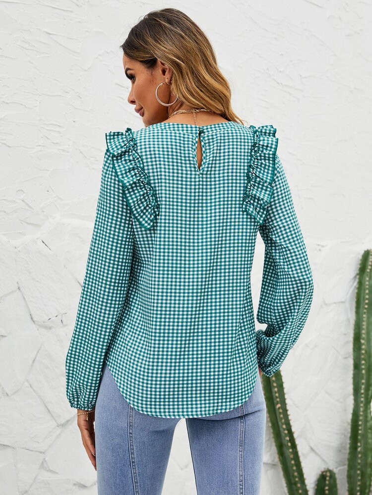 Gingham Print Ruffle Trim Lantern Sleeve Blouse | SHEIN