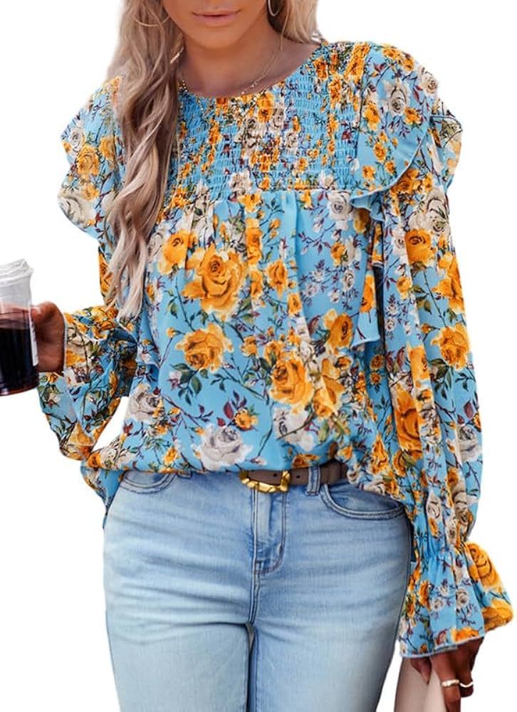 SHEWIN Womens Blouses Floral Crewneck Long Sleeve Shirts for Women Dressy Casual Tops 2024 | Amazon (US)