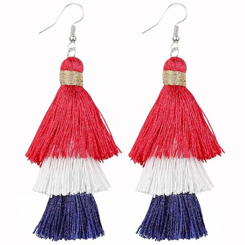 AD Beads Fashion Charm Crystal Silk Tassel 3 Layers Fan Fringe Dangle Earrings (35 Red, White and Blue) | Amazon (US)