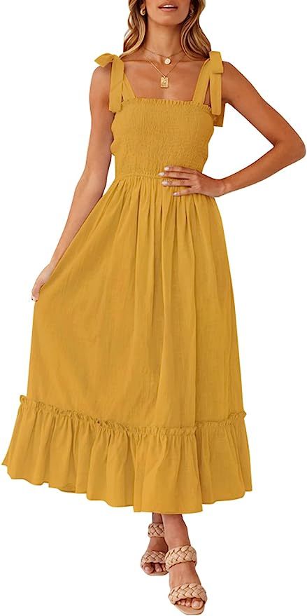 ZESICA Women's Summer Boho Spaghetti Strap Square Neck Solid Color Ruffle A Line Beach Long Maxi ... | Amazon (US)