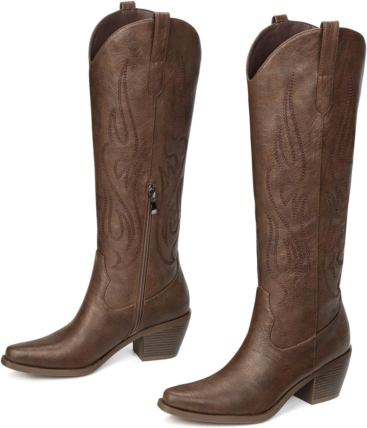 Western Cowboy Boots for Women - Knee High Wide Calf Cowgirl Boots, Slip On Pointed Toe Chunky Heel Fashion Retro Classic Pull On Tall Boot for ladies Party concert | Amazon (US)
