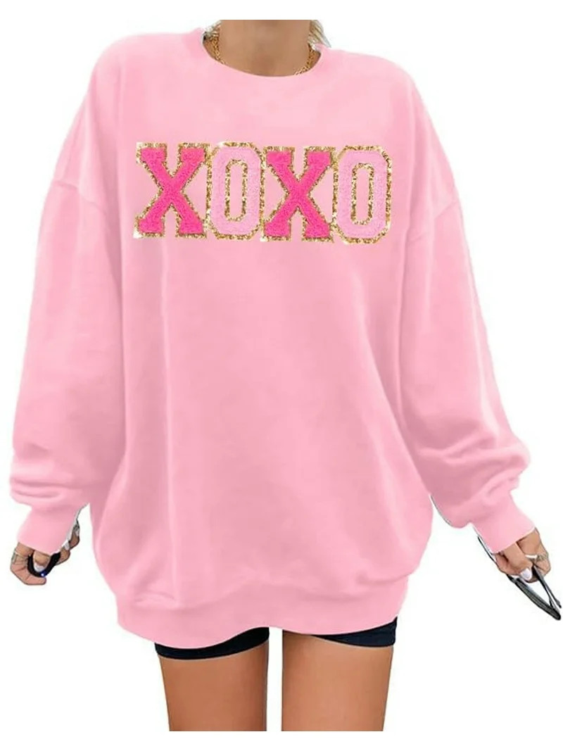 KimSoong Women Valentine's Day Sweatshirt Oversized XOXO Patch Love Heart Long Sleeve Tops Crew N... | Walmart (US)