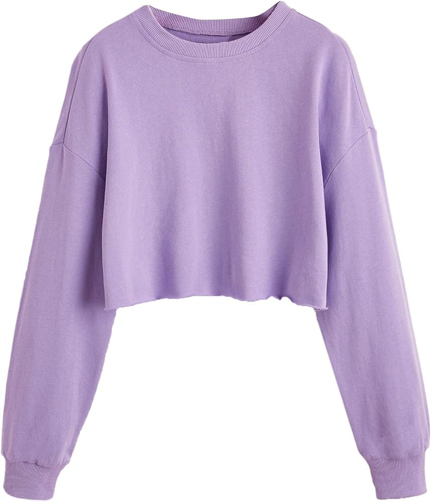 ROMWE Women's Casual Basic Crop Tops Crew Neck Long Sleeve Raw Hem Crop Sweatshirt | Amazon (US)