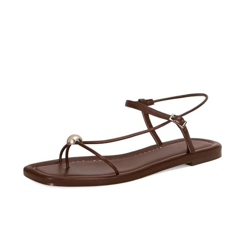 GTBINGGO Chocolate Strappy Flat Sandals for Women Comfortable Open Square Toe Slingback Sandals Dressy Beach Thong Flip Flop Slides Sandals | Amazon (US)