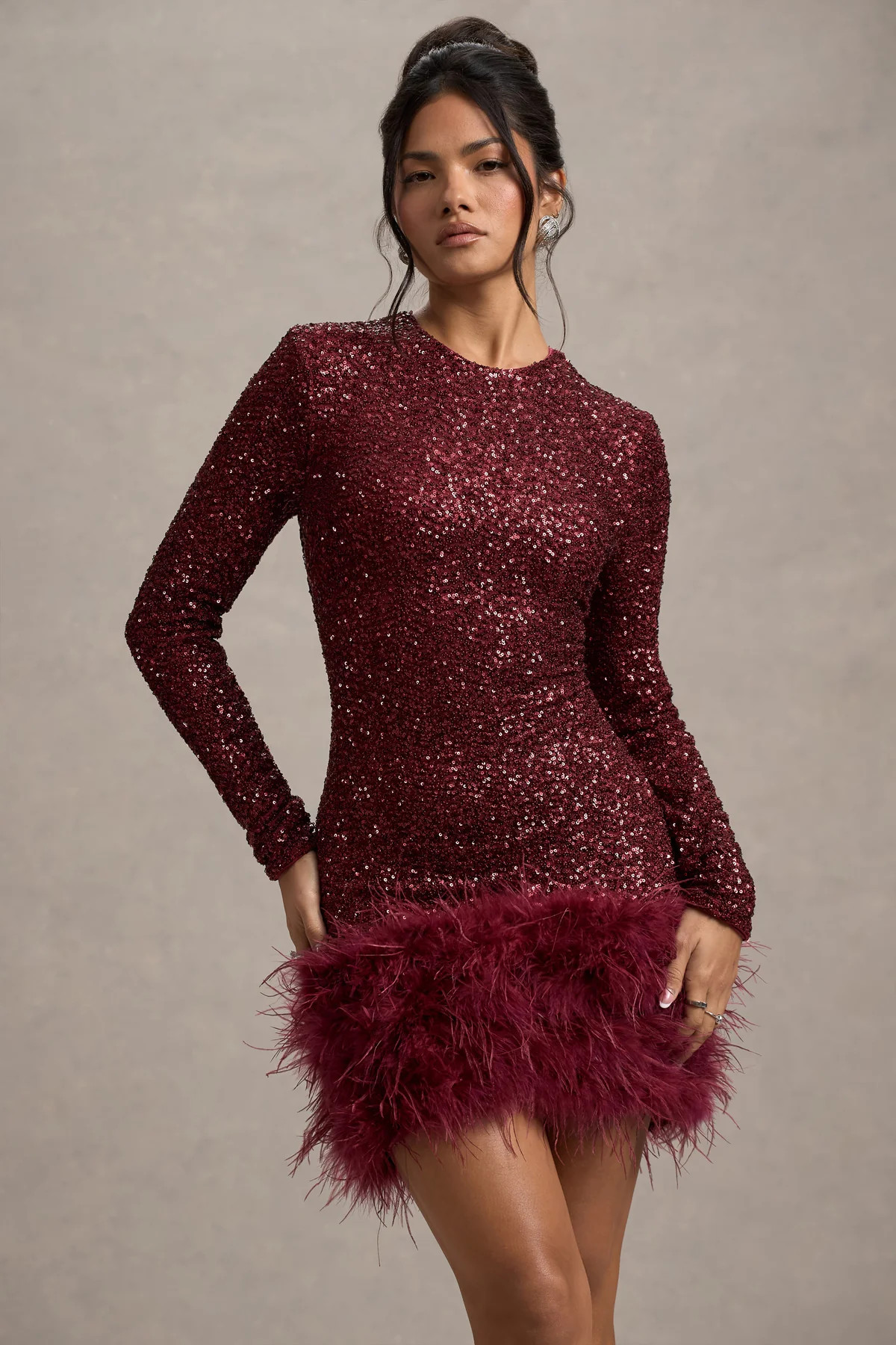 Claudia | Berry Sequin High Neck Feather Hem Mini Dress With Long Sleeves | Club L London