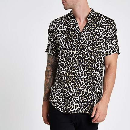 Mens Beige leopard print short sleeve revere shirt | River Island (UK & IE)