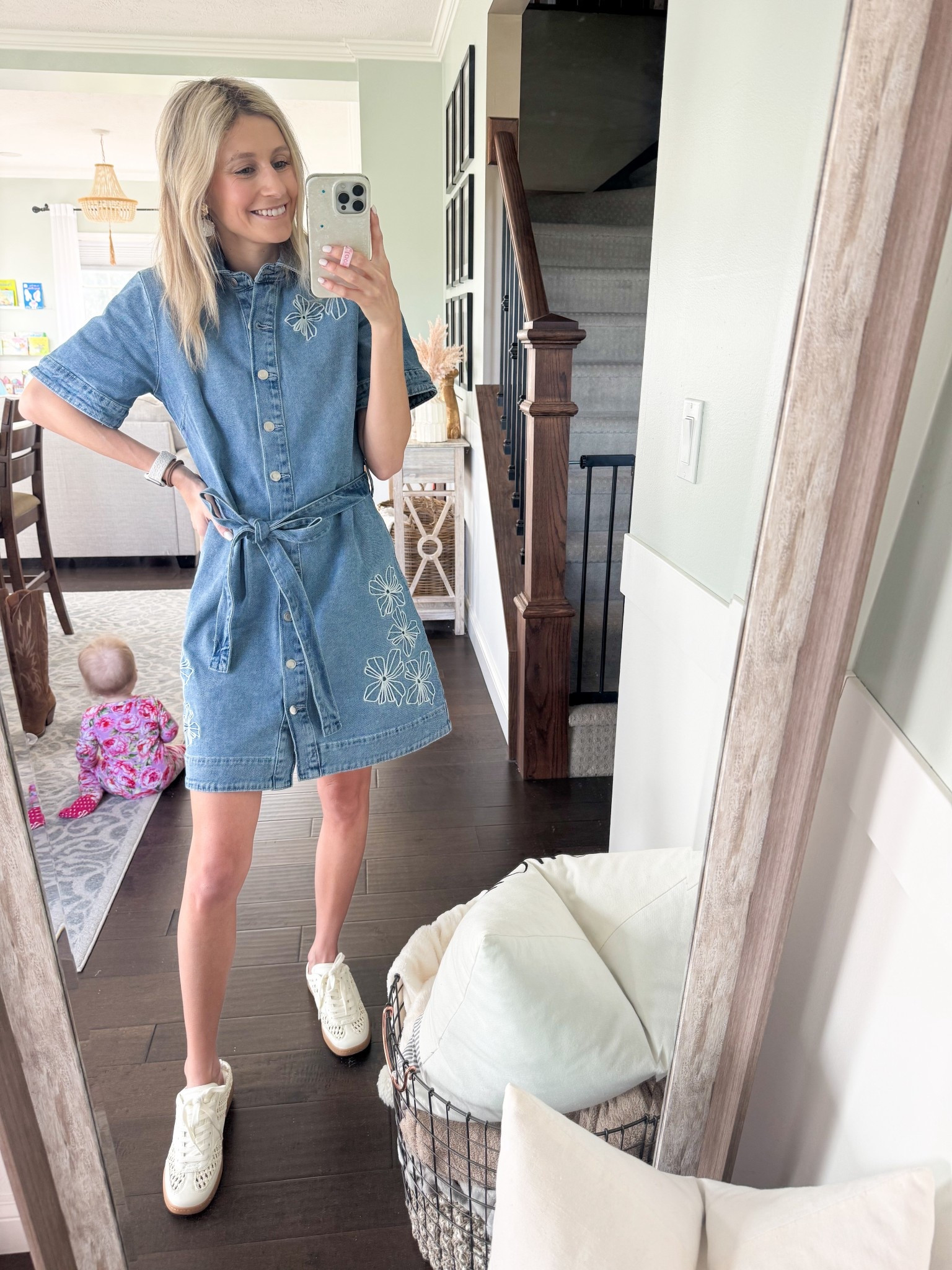 Denim dress from Walmart 😍😍 dress up or down! The cutest slip on spring tennis shoes are the perfect spring transition!

#LTKootd #LTKWorkwear #LTKPetite