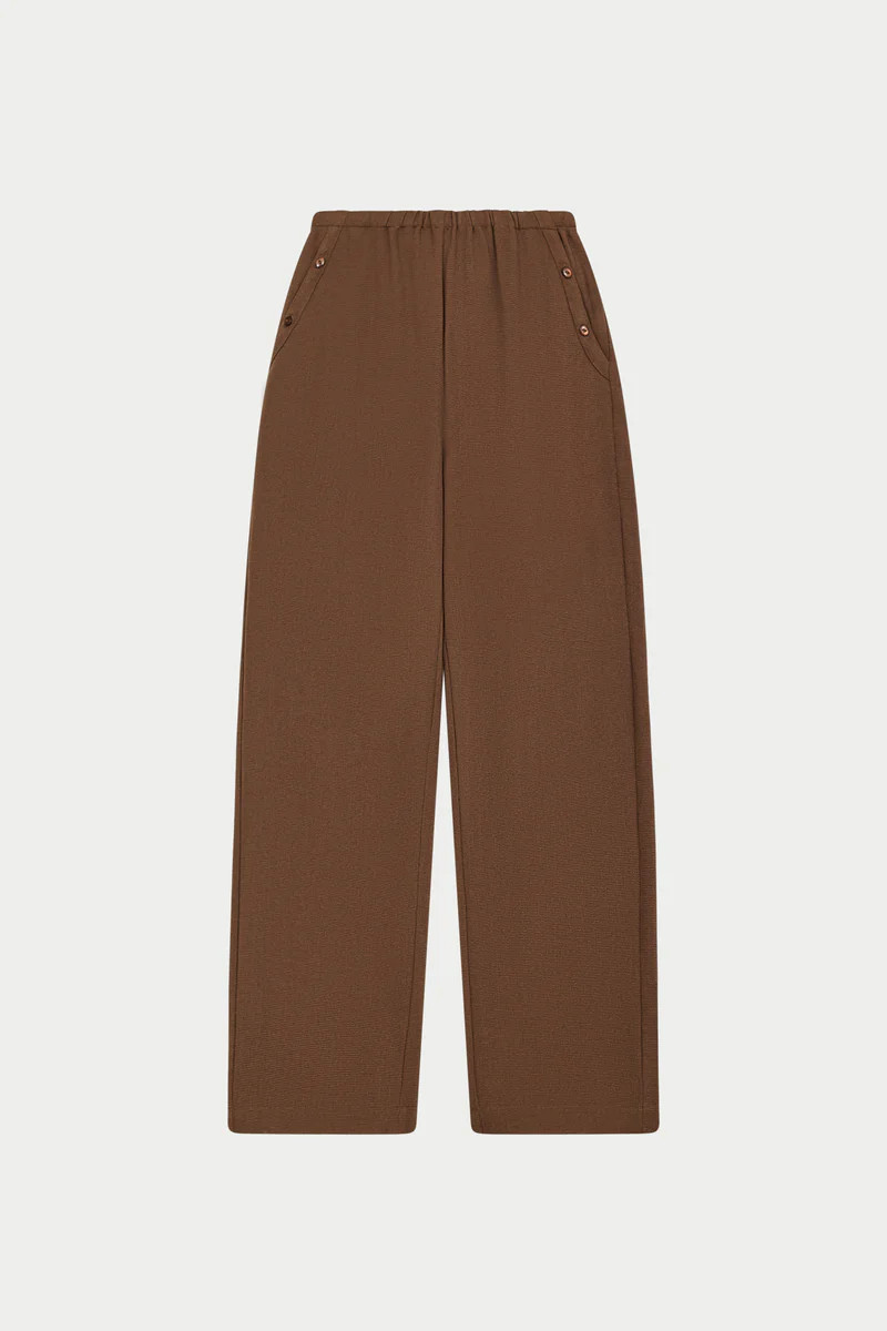 TEXTURED LINEN BUTTON DETAIL TROUSER - BROWN | The Couture Club