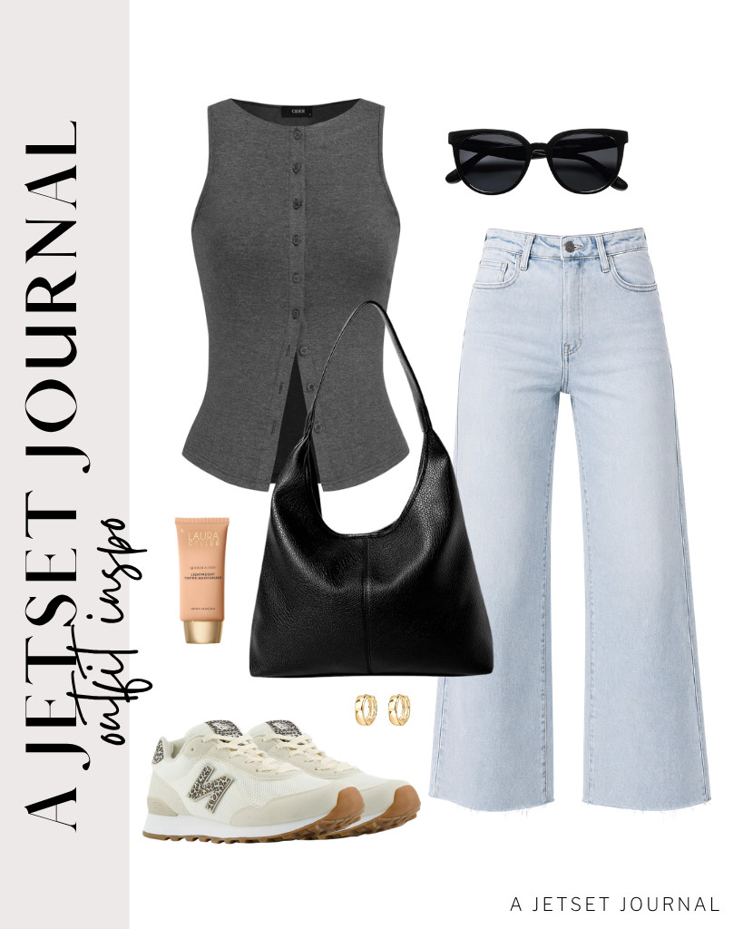The next outfit is a dark gray CIDER button-down top and Allimy wide-leg capri jeans. You can wear these New Balance sneakers and a shoulder bag for this look. These earrings from PAVOI and LAURA GELLER are perfect for the look. 

 #LTKSeasonal #LTKSaleAlert #LTKTravel