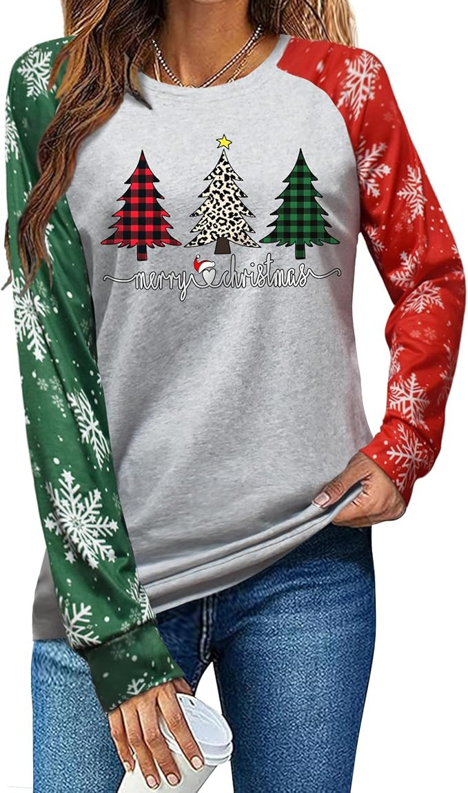 Christmas Shirts for Women:Fashion Color-Blocking Creativity Botany Cartoon Long-Sleeve Higher Qu... | Amazon (US)