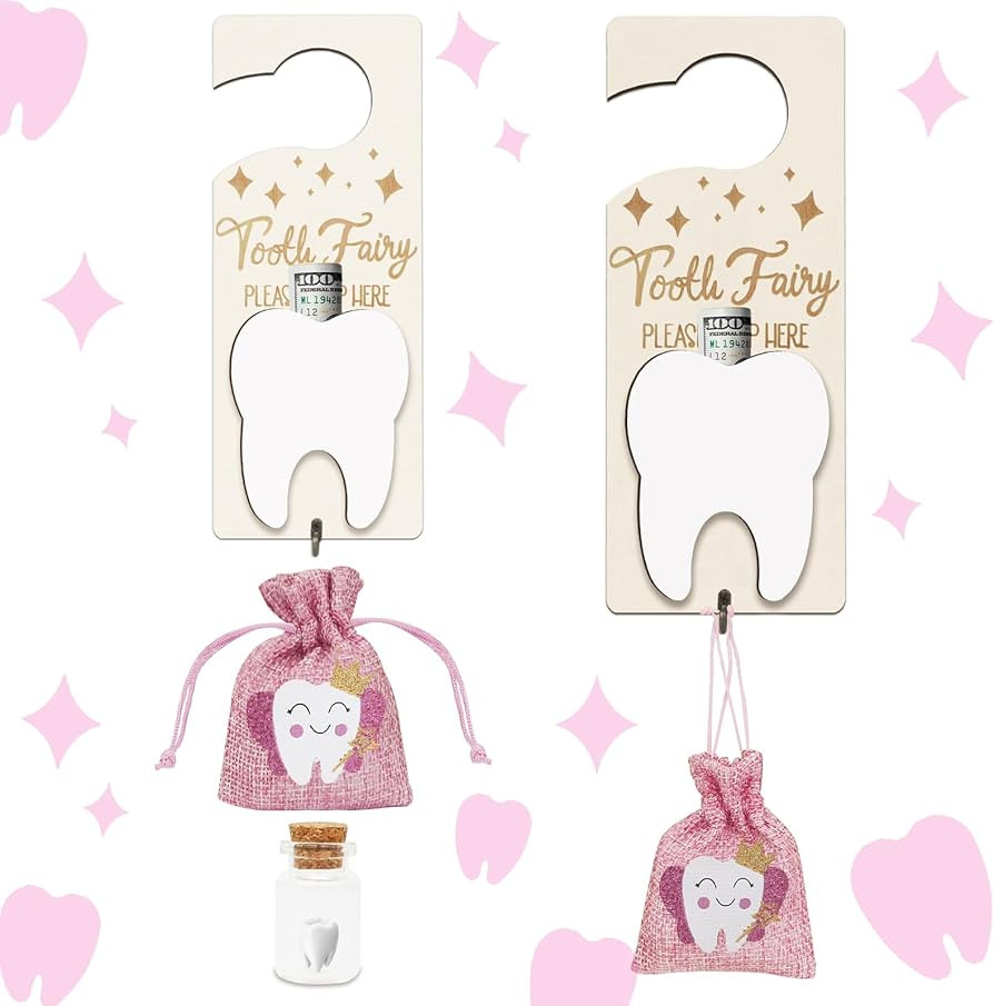 Tooth Fairy Tooth Holder, Tooth Fairy Door Hanger with Money Slot, Keepsake Bottle & Burlap Pouch... | Amazon (US)
