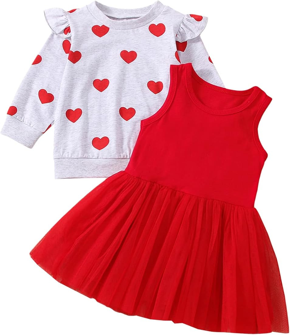 Valentine's Day Toddler Baby Girl Outfit Skirt Set Letter Print Long Sleeve Sweatshirt Tops Tulle... | Amazon (US)
