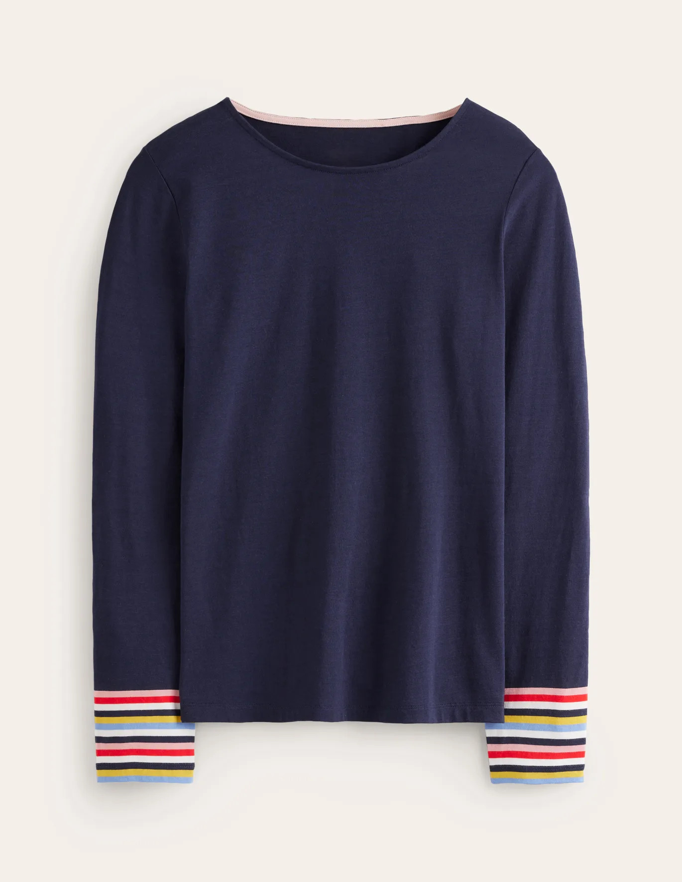 Supersoft Crew Neck Top - Green Multi Cuff Stripe | Boden US | Boden (US)