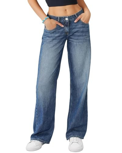 SolegaLume Low-Rise Baggy Jeans for Women High Stretchy Wide Leg Boyfriend Jeans Loose Fit Y2K Trendy Denim Pants Dark Blue | Amazon (US)
