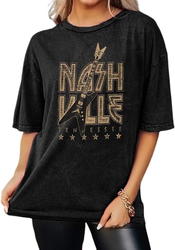 Women’s Nashville Tennessee Oversized T Shirt Bass Guitar Graphic Tee Country Concert Vintage B... | Amazon (US)