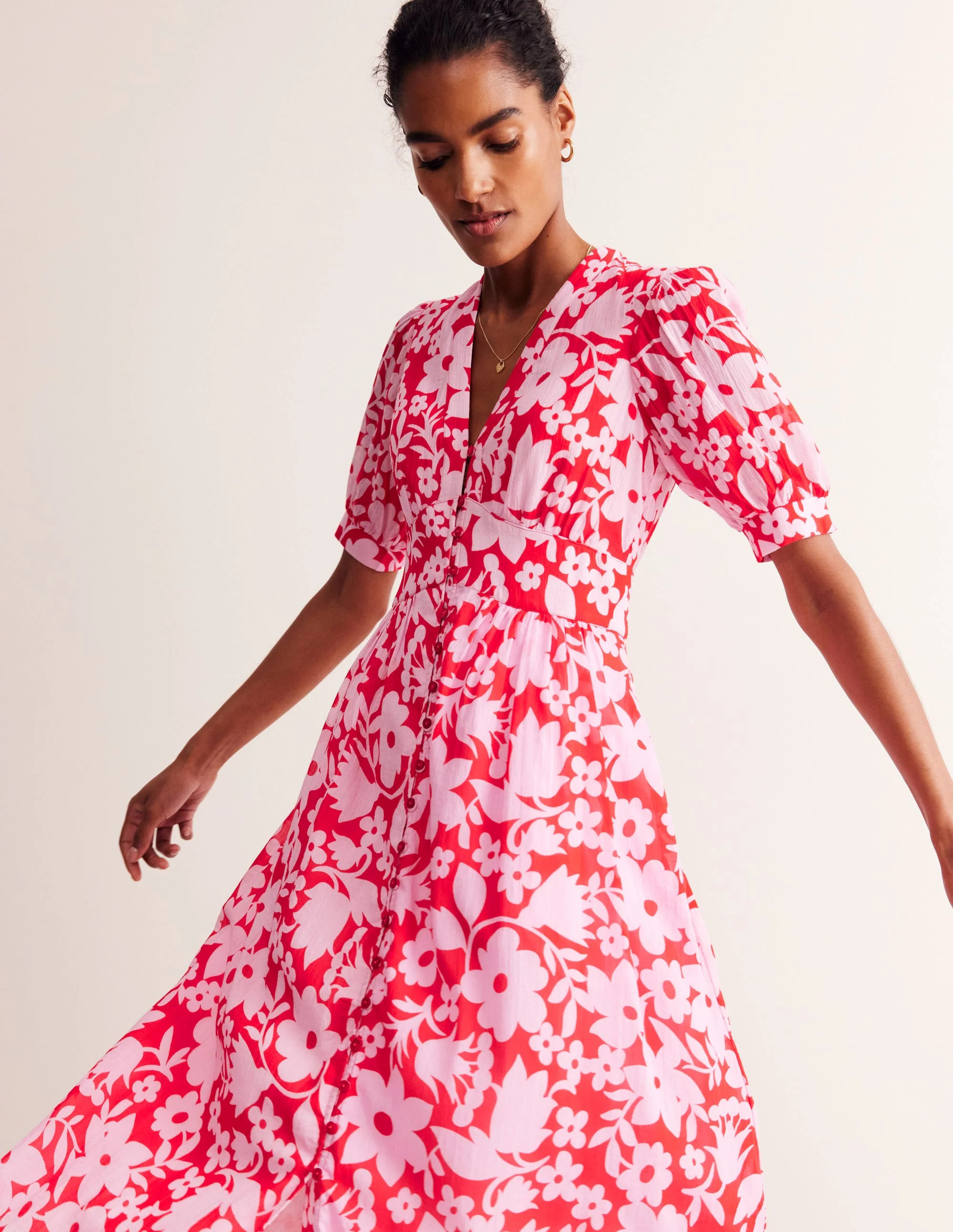 Elsa Crinkle Midi Tea Dress-Flame Scarlet, Tulip Garden | Boden (US)
