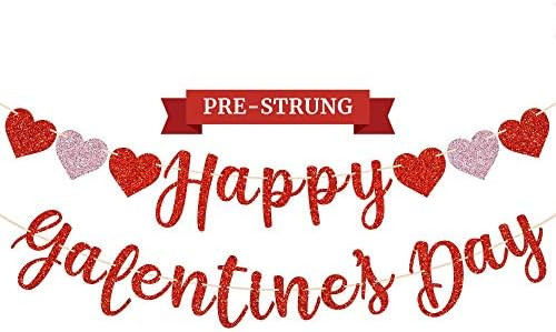 Pre-Strung Happy Galentine's Day Banner - NO DIY - Red & Pink Hearts, Glitter Galentine's Day Gar... | Amazon (US)