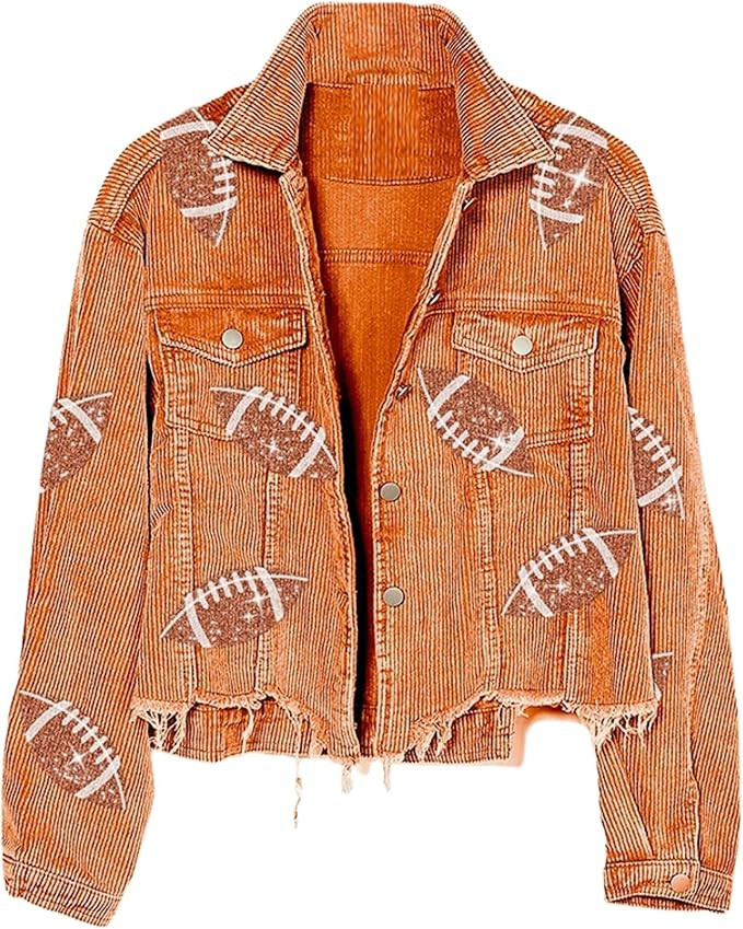 Xunger Women’s Football Corduroy Sequin Jacket Cropped Distresses Rugby Patched Shacket Coat | Amazon (US)