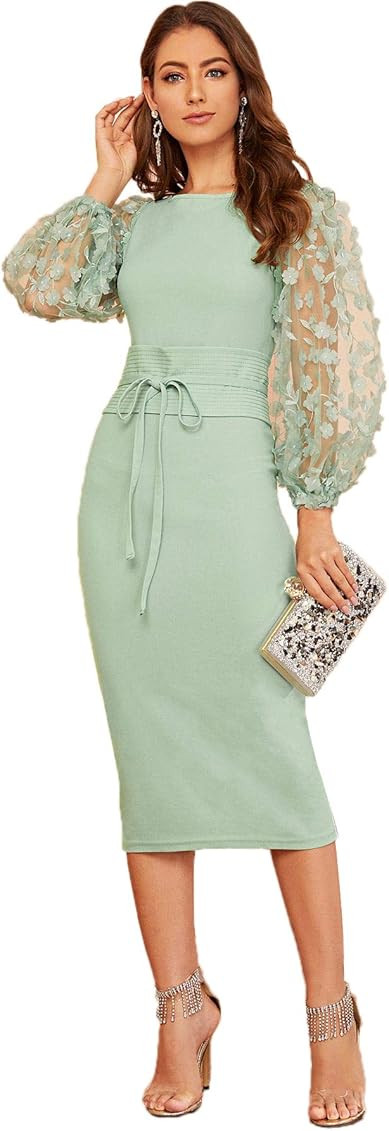 SheIn Women's Elegant Mesh Contrast Bishop Sleeve Tie Front Bodycon Pencil Dress | Amazon (US)