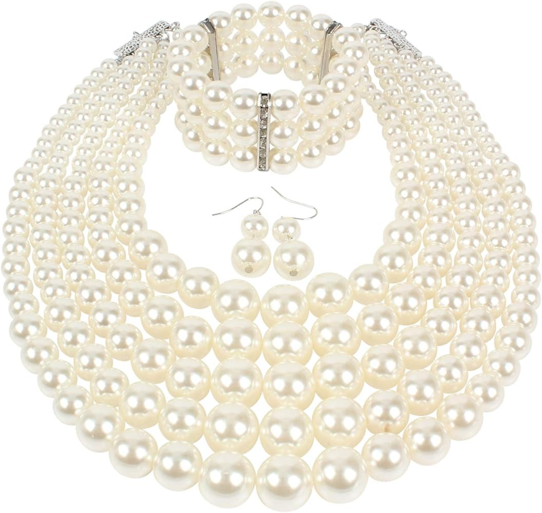 KOSMOS-LI Large Multi Layer Faux Pearl Strand Costume Jewelry Sets For Women Stocking Stuffers | Amazon (US)
